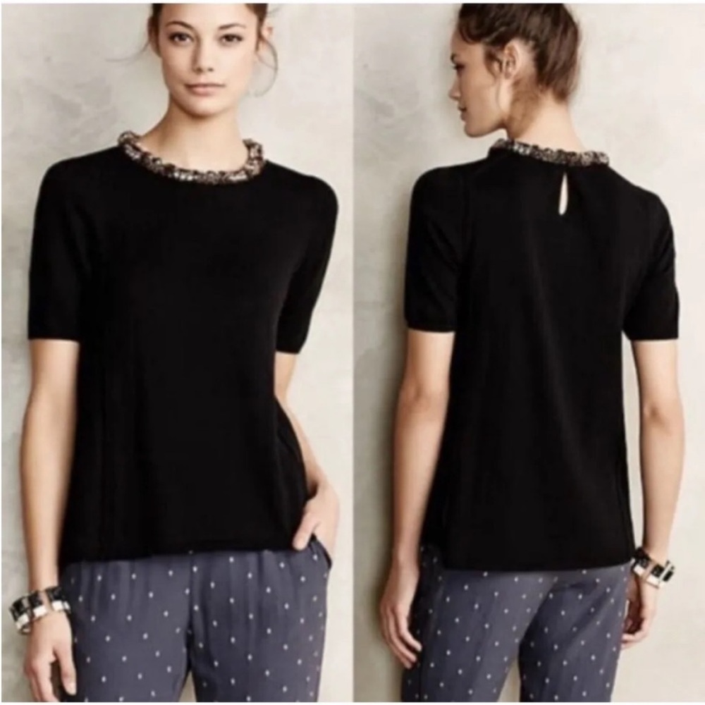HWR SMALL Anthropologie Beaded Collar Knit Sweater Top Black Silk Cotton Blend